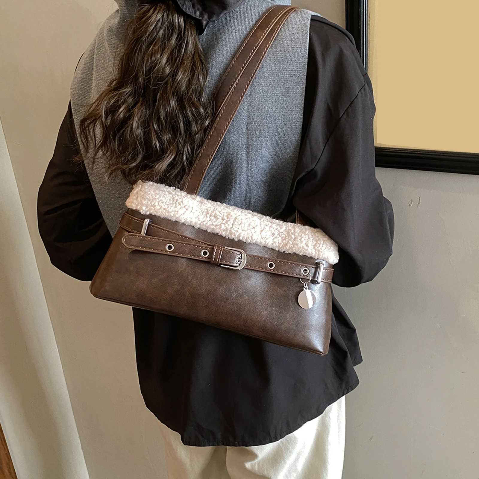 Women PU Lambswool StiTChing Vintage Shoulder Bag with Belt Small SaTChel Tote Bag Hobo Bag for Daily School Travel K251121