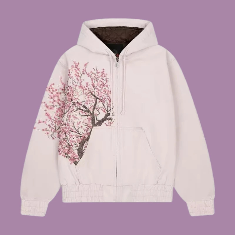 American Trend Retro Cherry Blossom Embroidery Oversize Zipper Hoodie Mens Y2K Harajuku Hip-Hop Gothic Couple Sweatshirt 251120