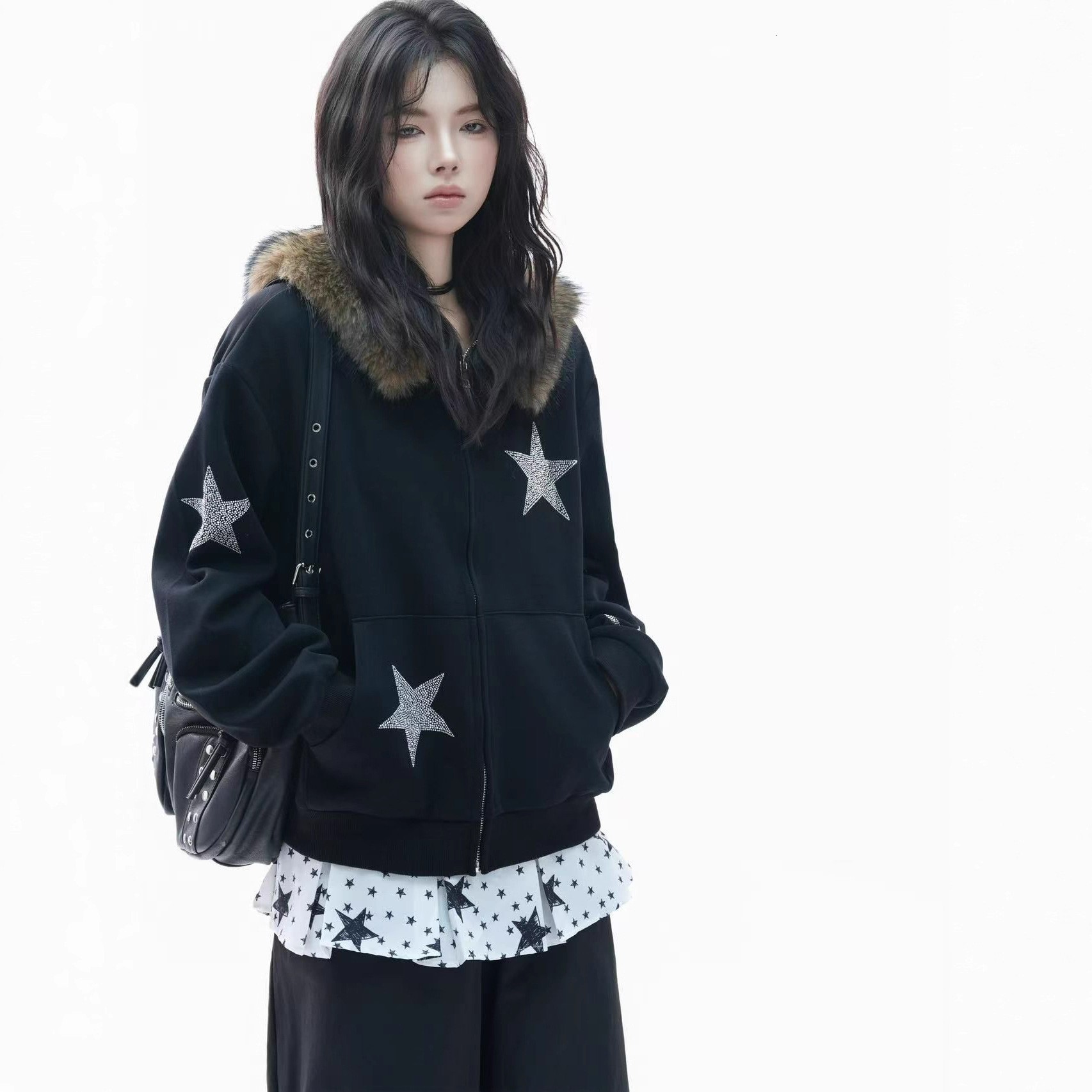 American Designer Retro Fur-Collar Star Print Hooded Jacket Women's Streetwear Trendy Niche Versatile Sweater Hoodie Faux Fur Coat