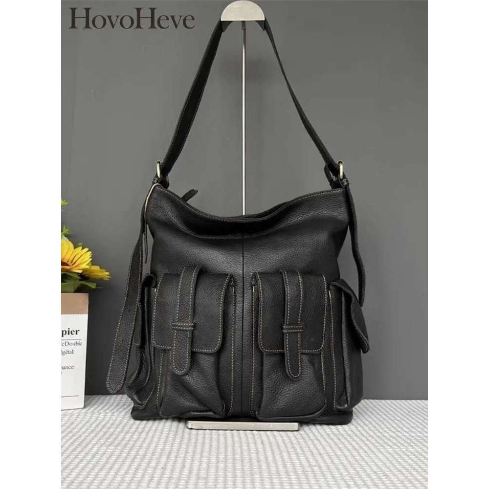 Punk Style Women Genuine Leather Multiple Pockets Motorcycle Solid Color Casual Single Shoulder Bag Female Crossbody Bags Bag