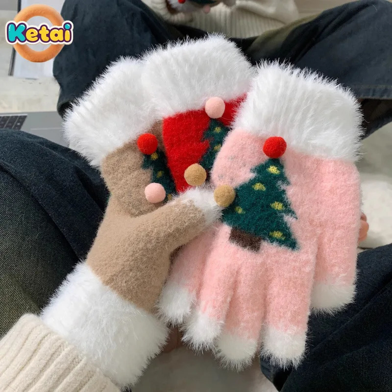 Snowflake Christmas Tree Gloves for Women in Winter with Exposed Fingers Touch Screen Fluffy Fur Students To Ride Bicycles 251114