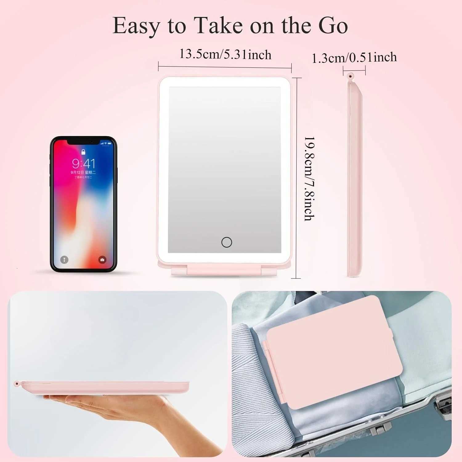 LED Foldable Travel Makeup Mirror 3 Colors Light Modes USB Rechargeable Touch Screen Portable Tabletop Cosmetic Mirror Handheld M251122