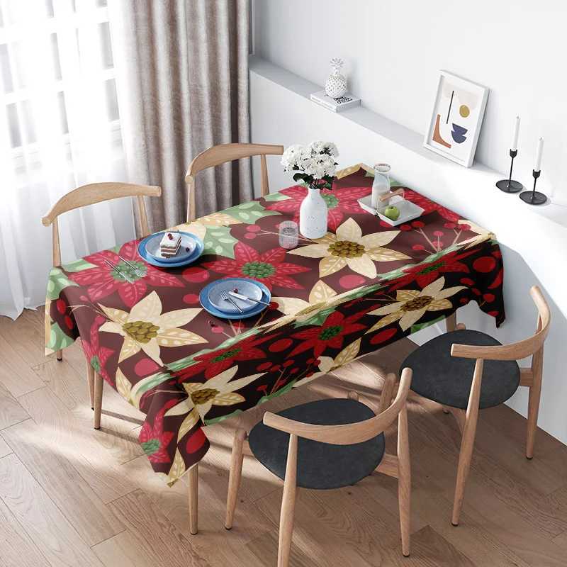 Festive Floral Tablecloth Set Perfect for Holiday Dining Elegant Red Green Table Cover with Cherry Blossom Design Includes 4 Cha C251122