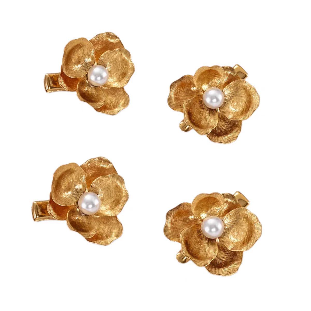 Elegant Gold Tone Flower Hair Clip Women's Fashion Accessory Pearl Accented Hair Barrette for Stylish Updos and Casual Hairstyles