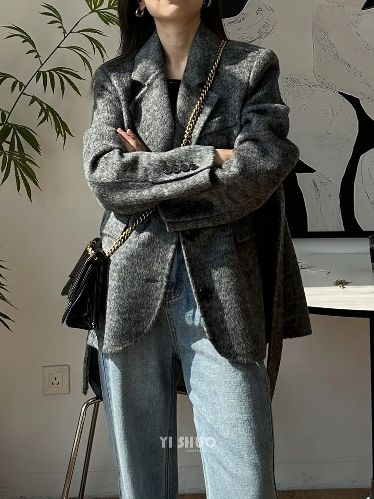 Autumn Winter Casual Doublesided Wool Coat Short Female Fashion Loose Mulberry Silk Woolen Lapel Laceup Warm Women 251112