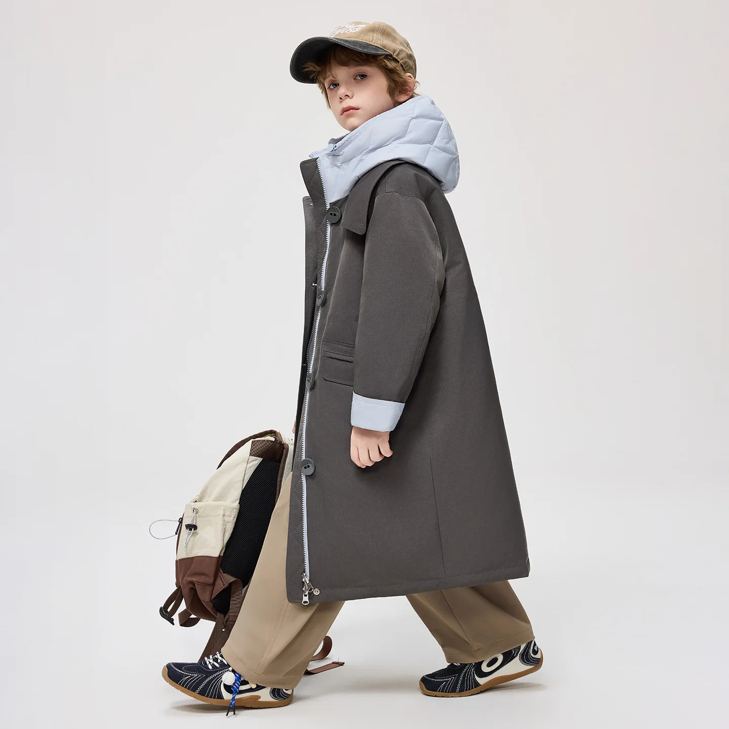 Korean Winter Junior Girls Midlength Coat Hooded 414Y Kids Padded Trench Reversible Khaki Thick Teens Jackets 2501105