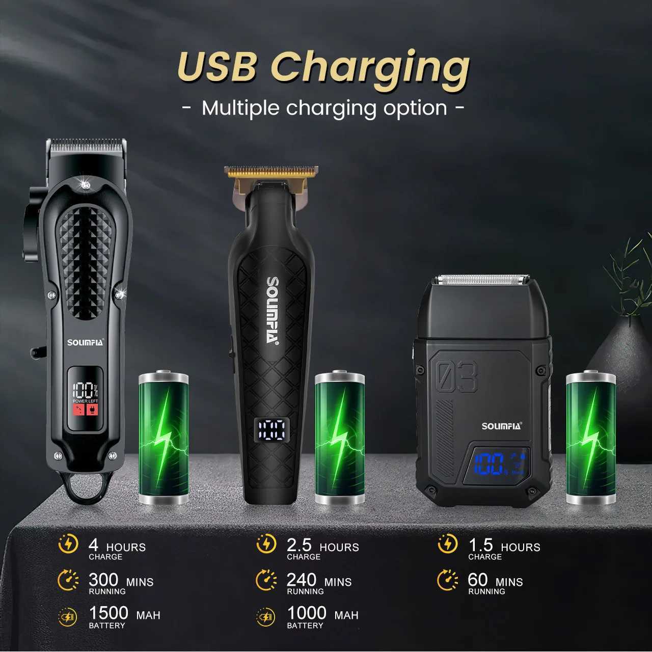 Solimpia Professional Hair Clipper 3-piece Set for Men Rechargeable Cordless Barber Clippers for Wet/Dry Hair Cutting W251122