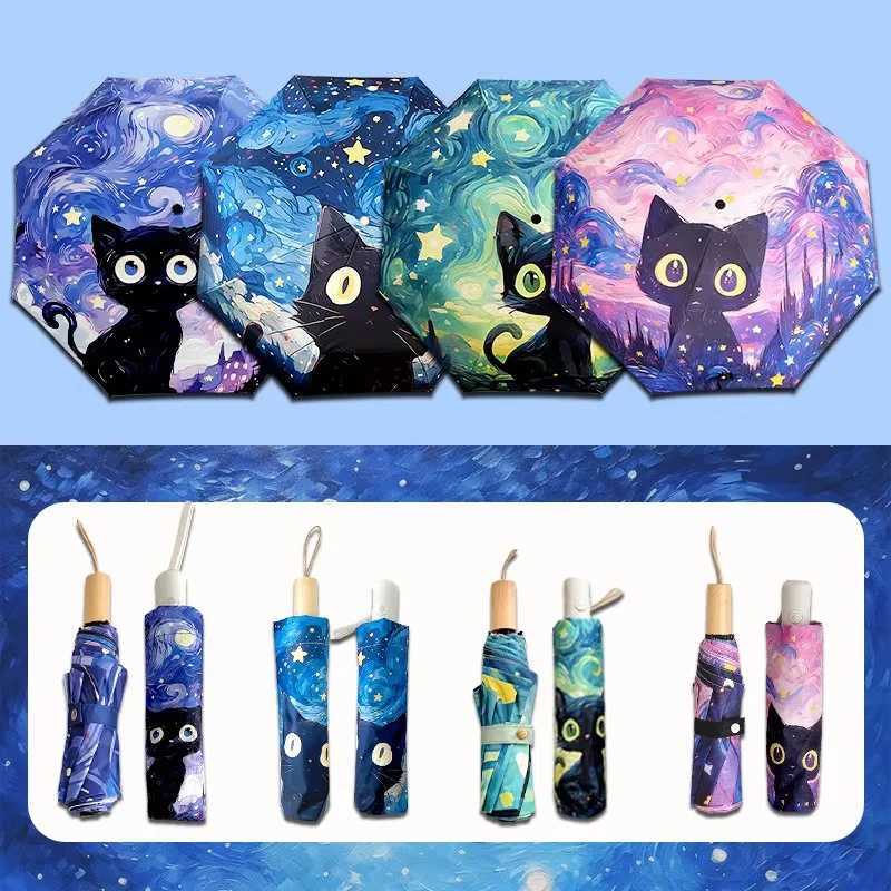 Blue green purple and pink cat cartoon folding umbrellas fully automatic umbrellas dual-purpose sunshades and portable umbrellasM251122