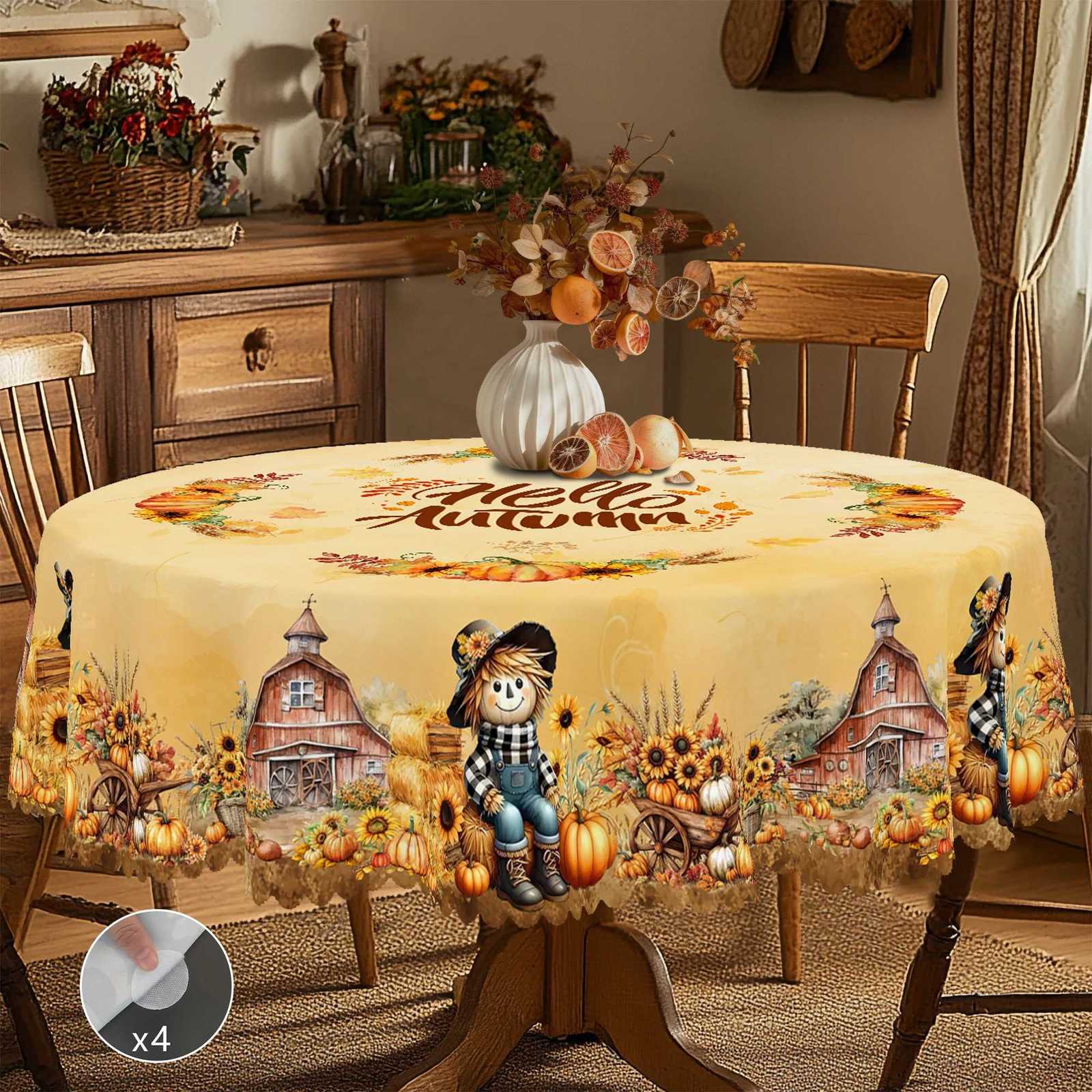 1 Piece of Autumn Scarecrow Round and Rectangular Tablecloth Available in Various Sizes Decorative Tablecloth with Pumpkin and Sunflower Print C251122