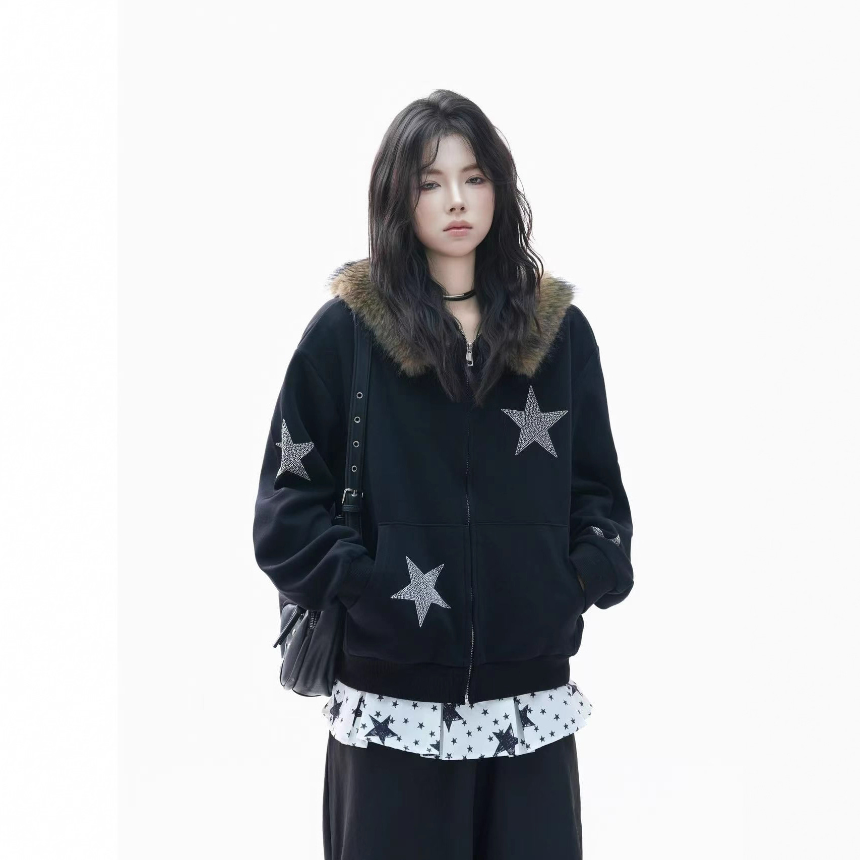 American Designer Retro Fur-Collar Star Print Hooded Jacket Women's Streetwear Trendy Niche Versatile Sweater Hoodie Faux Fur Coat