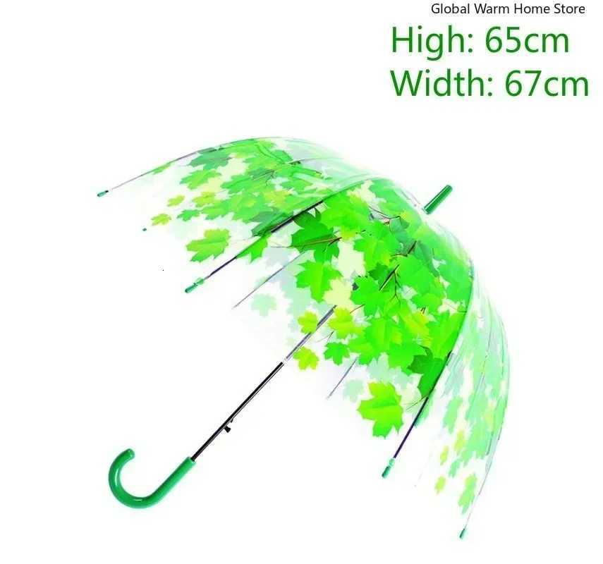 New Long Handle Transparent Mini Umbrella Clear Baking Paint Originality Summer Green Autumn Maple Leaves Creative Kids UmbrellaM251122