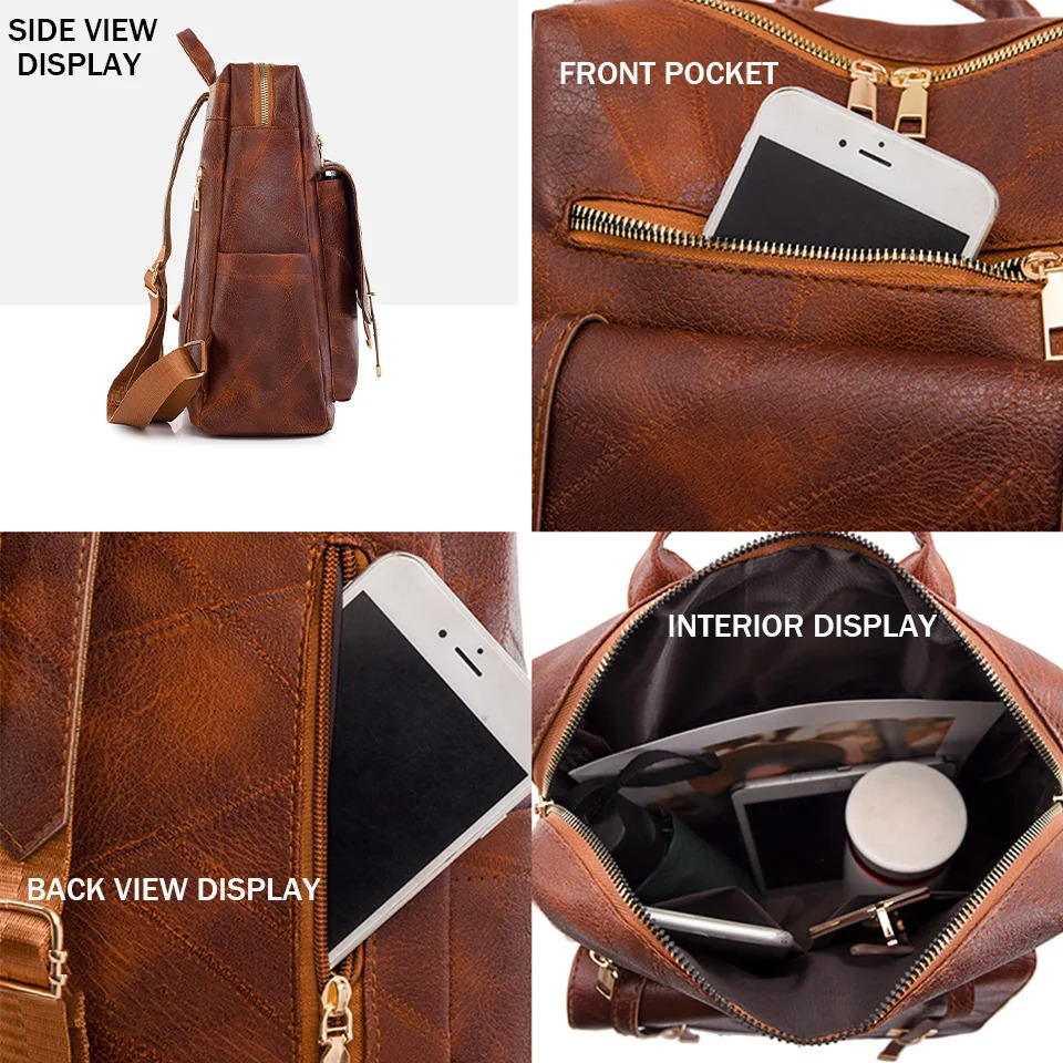 Trendy Womens Backpack Vintage Pu Leather Daypack Brown Casual Travel Bag Retro Student School Sac 251111