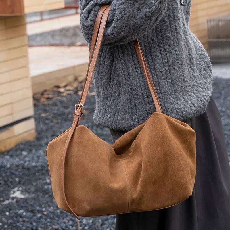 Women's Suede Genuine Leather Shoulder Bags Ladies Soft Cowhide Crossbody Solid Bag Female Design Luxury Lazy Commuter Handbag