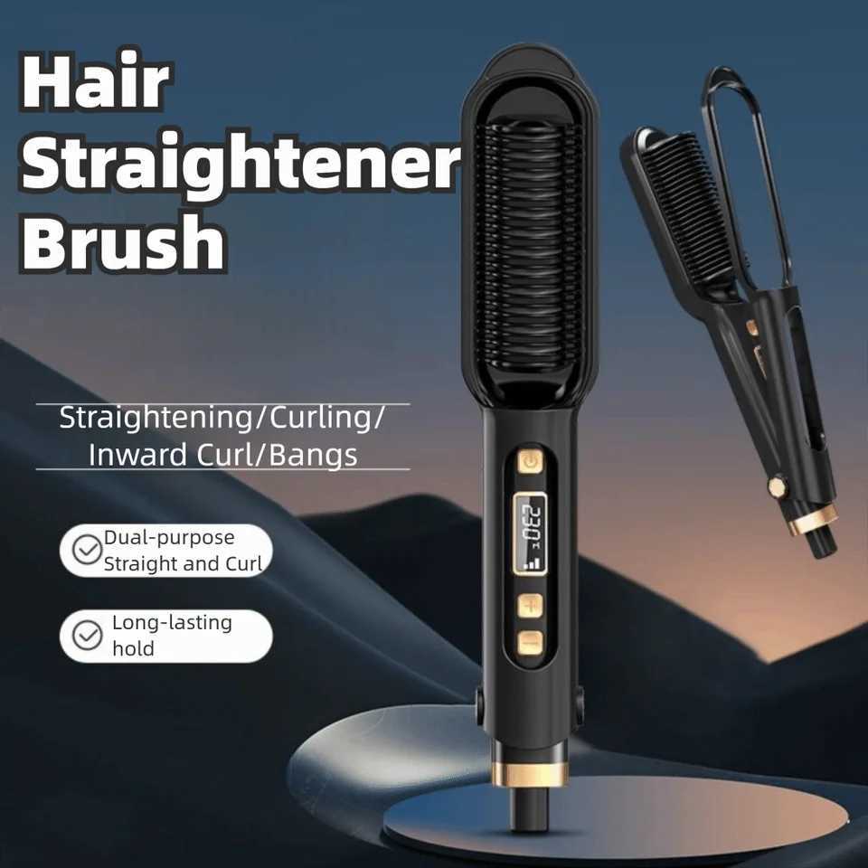 Anti Scald Electric Hair Straightening Comb LED Digital Display 2 in 1 Negative Ion Straighten Brush Straight Curling Dual UseT251122