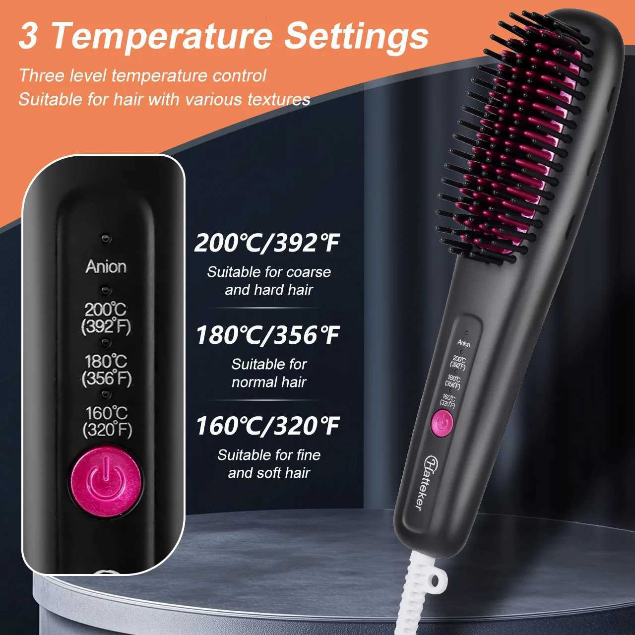 Hair Straightening Brush Portable Home Negative Ion Straightener with Multi-Heat Settings 3-Temp Ceramic Damage-Free StylingT251122