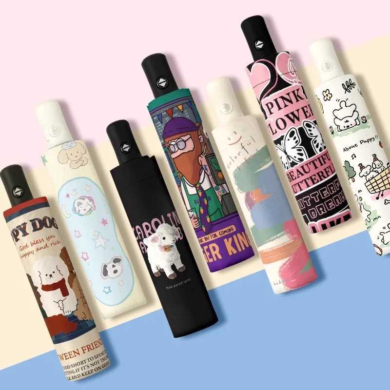 Retro Umbrella Folding Umbrella High-end Female Rain Umbrella Cartoon Thickened Vinyl Cute Student Fully AutomaticM251122