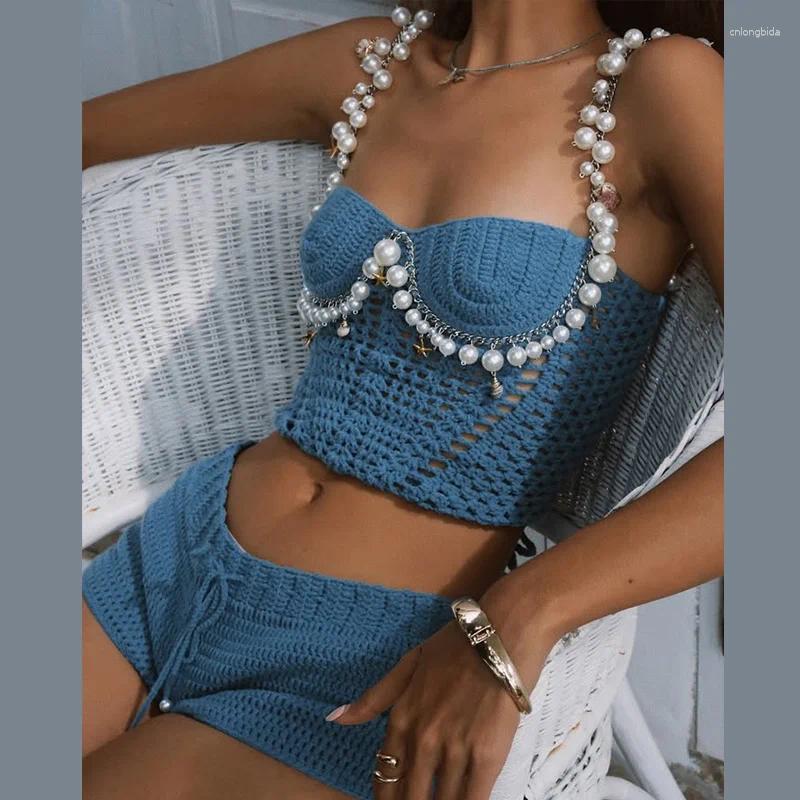 Women's Tracksuits Sexy Beading Crochet Vest Shorts Sets Women 2 Pcs Set Slim Hollow Tank Top Drawstring Pant Lady Beach Outfits Fashion Y2K