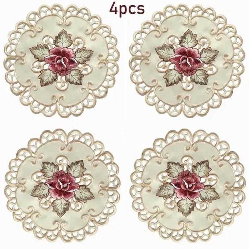 4pcs Round Embroidered Flower Dining Table Placemat Coasters Home Party Wedding Cover C251122