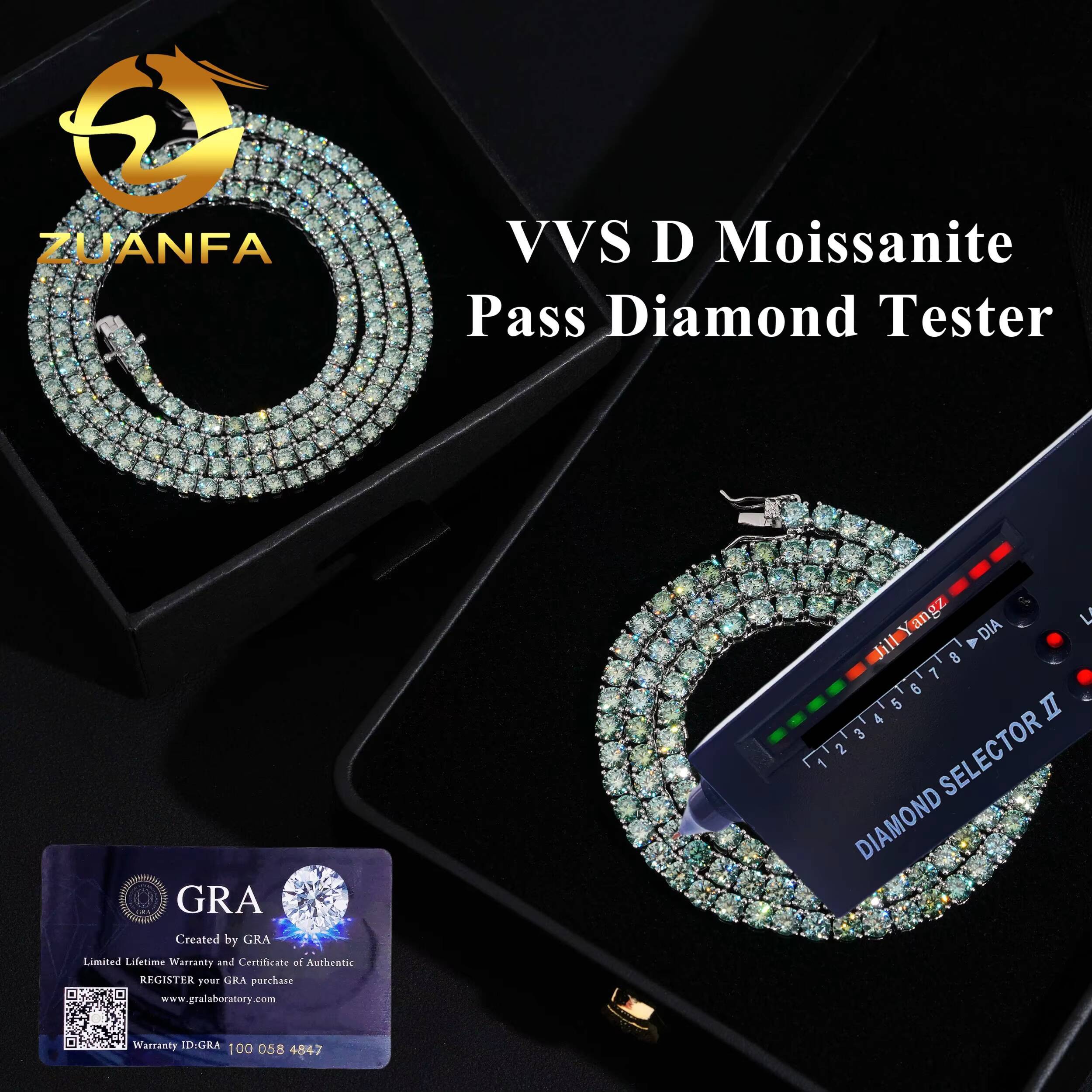 Original Color Not Coated Blue Green Color Moissanite Tennis Chain Necklace 3mm 4mm 925 Sterling Silver Iced Out Hip Hop Jewelry