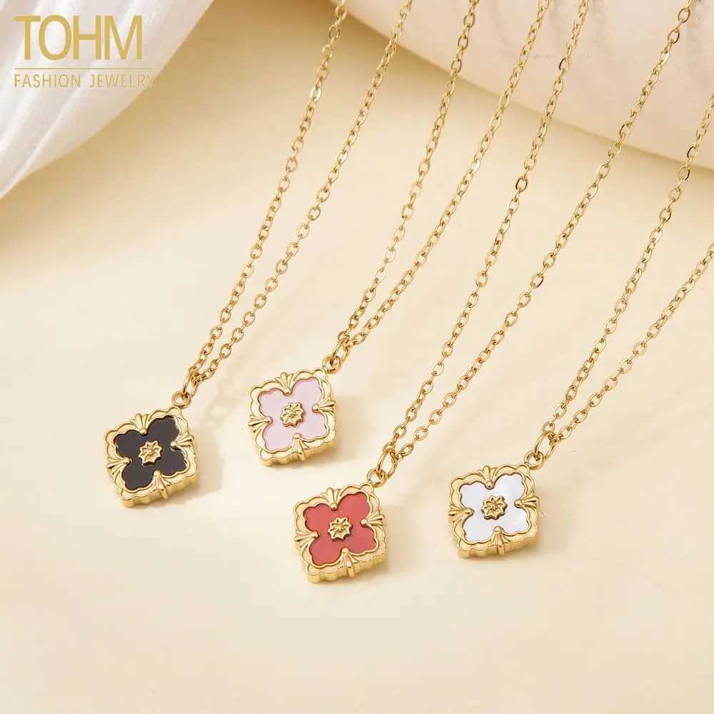 TOHM Vintage Diamond Shaped Four Leaf Flower Necklace for Women Stainless Steel Collarbone Chain Accessory J251122