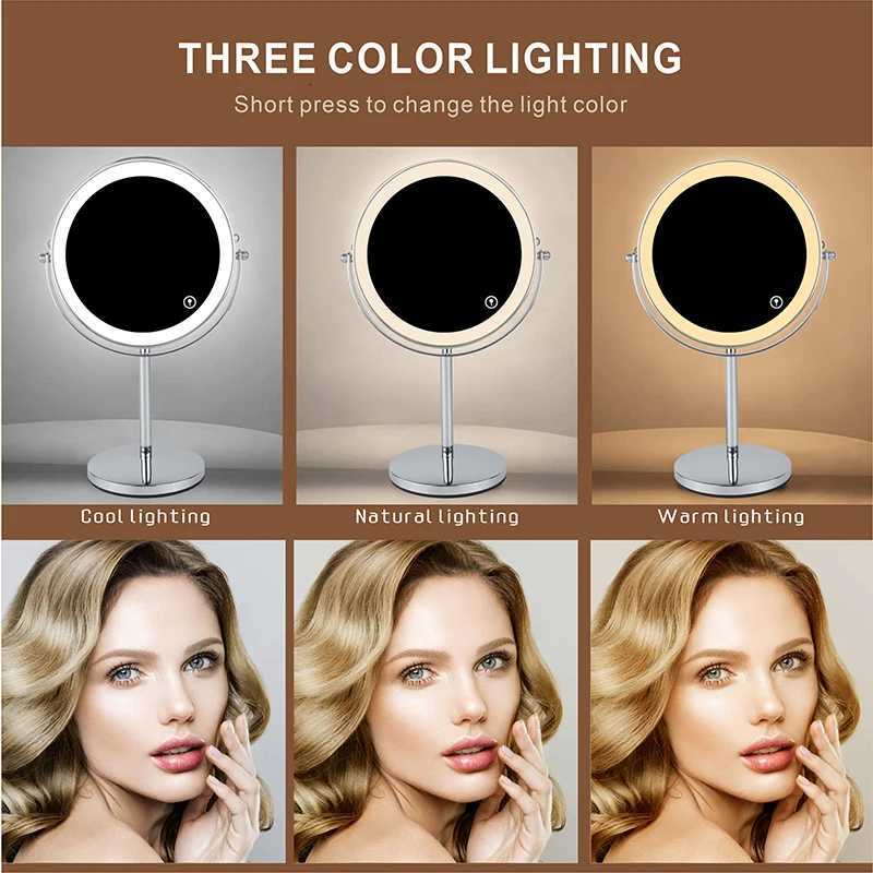 8inch 10X Magnifying LED Makeup Mirror with 3 Color Light Touch Switch Double Side USB Charging Desktop Vanity Cosmetic Mirror M251122