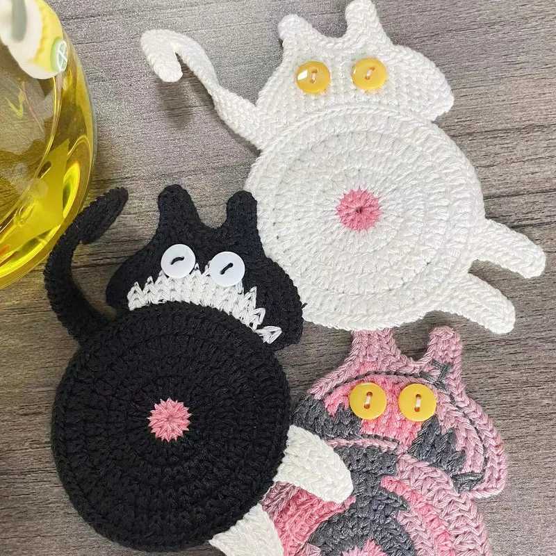 Silky Soft Knitted Cat Butt Coaster Set Funny Animal Design Absorbent Cute Coffee Mug Mat for Home Decor Gift for Cat Lovers C251122