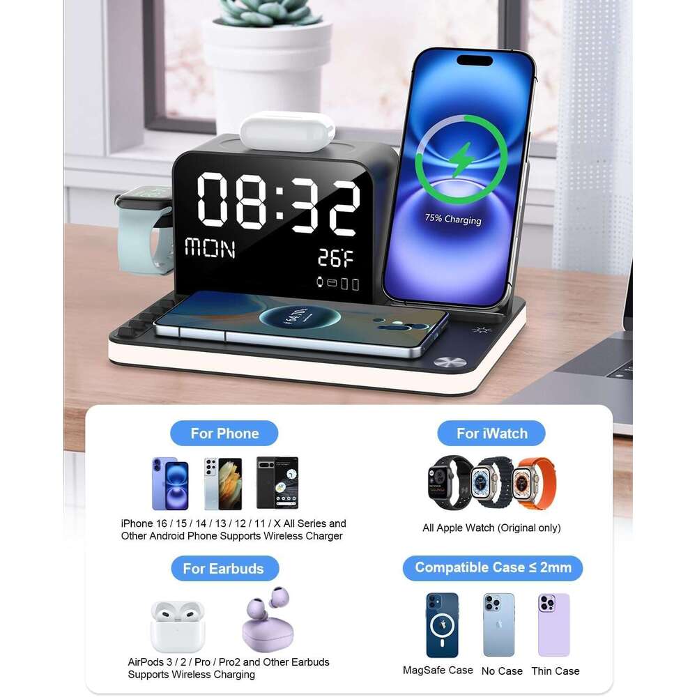 7 in 1 Wireless Charging Station, Fast Charger Station with Dual iPhone, Bluetooth TimeSync, Night Light,33W Adapter for iPhone 16/15/14/13/12 All