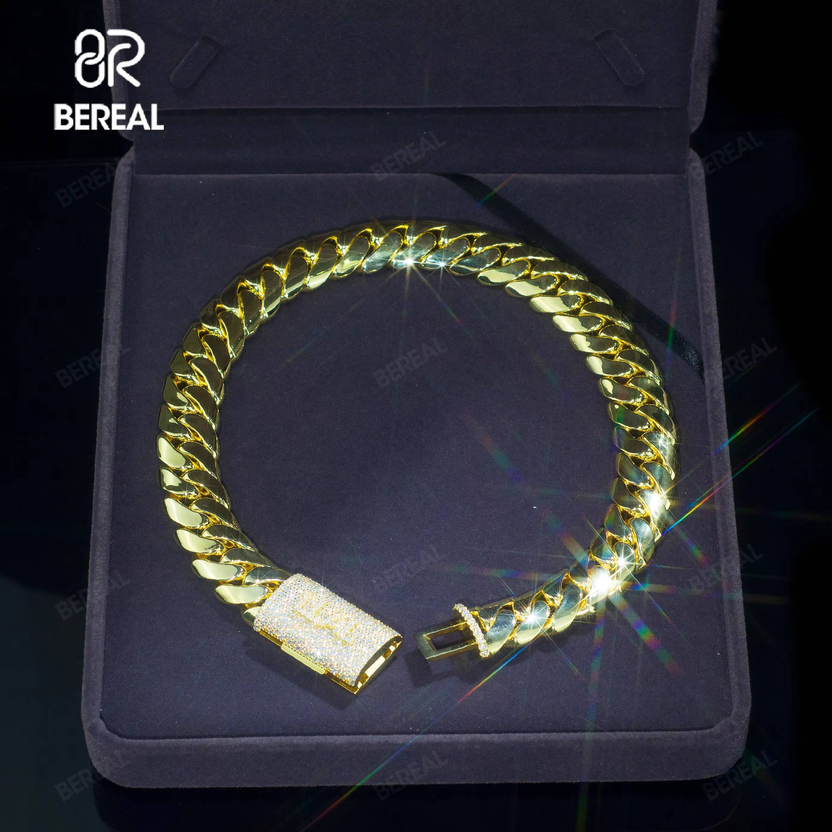 Factory Direat Gold Plated Moissanite Miami Cuban Chain Bracelet Iced Out Round Brilliant Cut 925 Silver Hip Hop Link Chain