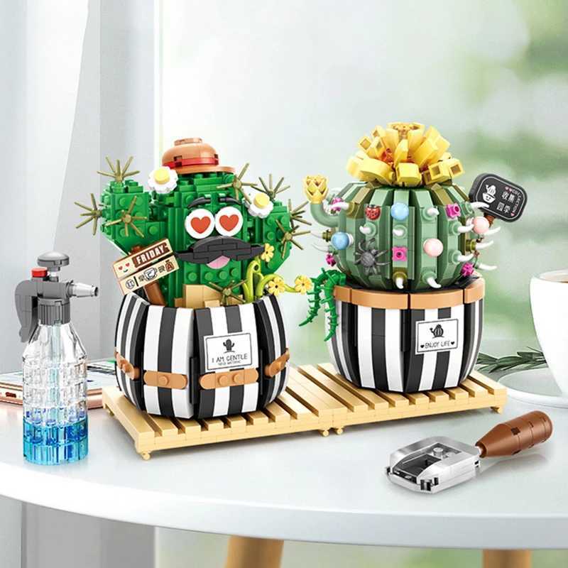 Free shipping Creative building block juicy cactus 3D model mini bonsai silation green plants flowers home decoration childrens toys gifts