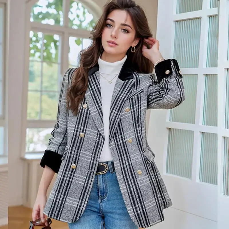 Autumn Winter Blazer Coats Woolen Jackets Long Sleeve Plaid Print Vintage Thick Outerwears Elegant Jaqueta Feminina 251112