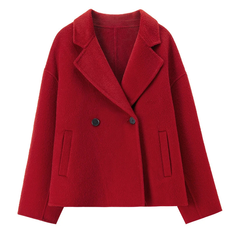 SENTUBILA Womens Wool Coats Solid Notched Longsleeve Loosefit 2025 Winter DoubleFaced Short Coat W54OA8777 251112