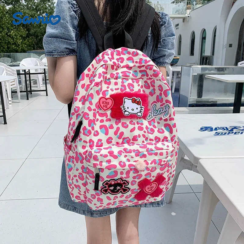 Sanrio Cute Leopard Print Backpack Japanese Style Cute Girl Hello Kitty Cartoon Girl Student Backpack H251122