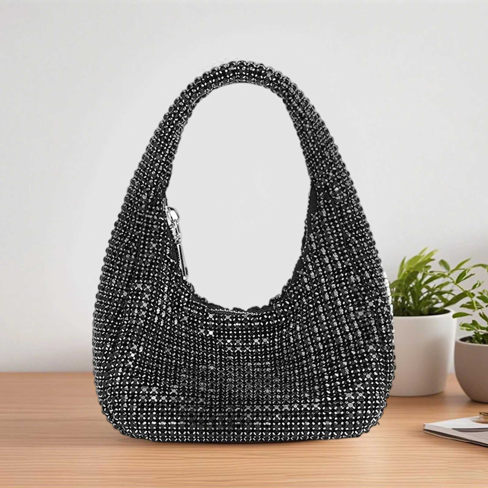 Rhinestone Evening Bags Women Solid Black Silver Evening Party Underarm Handbag for women K251121