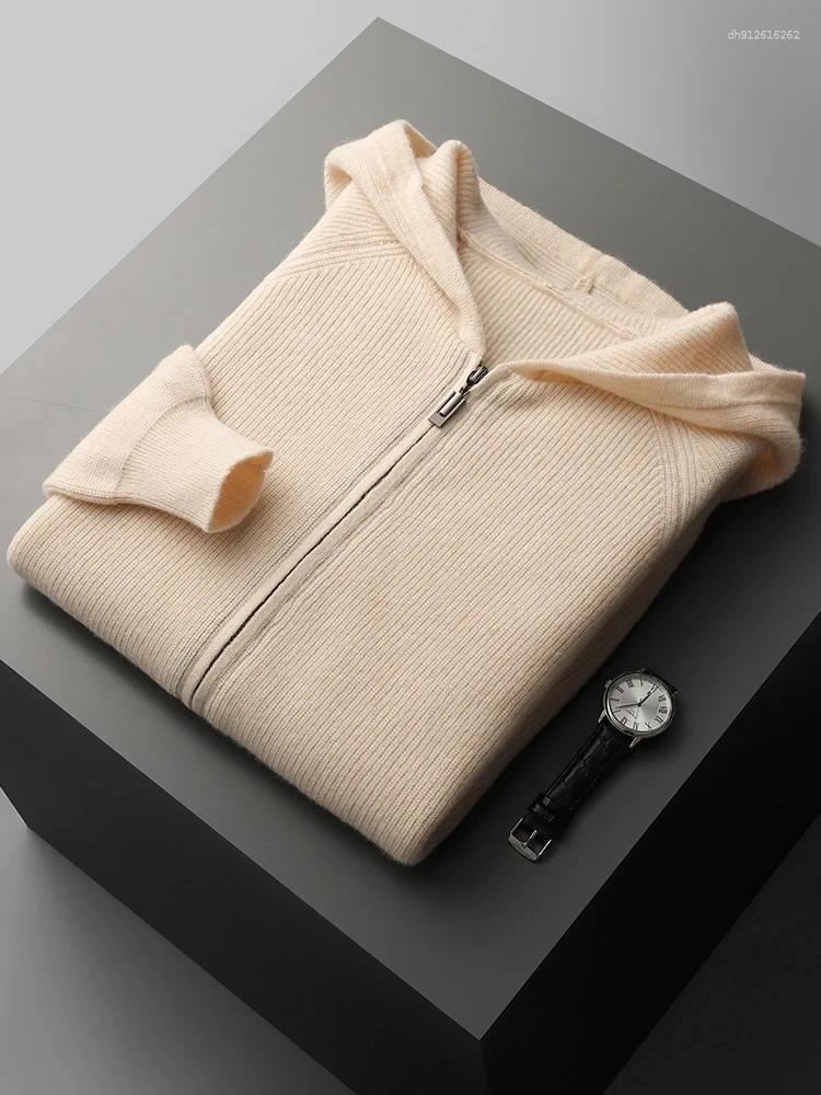 Men's Sweaters ANGEL Autumn Winter Zipper Hooded Cardigan Thick Cashmere Sweater Coat Merino Wool Knitwear Cosy Warm Hoodie Tops