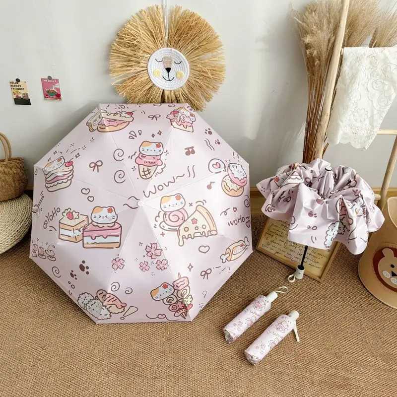 Cute Sun Proof Fully Auto Open Sun Rain Umbrella Fold Black Glue Student Anti UV Dual Use Sun Shade Umbrella Sun UmbrellaM251122