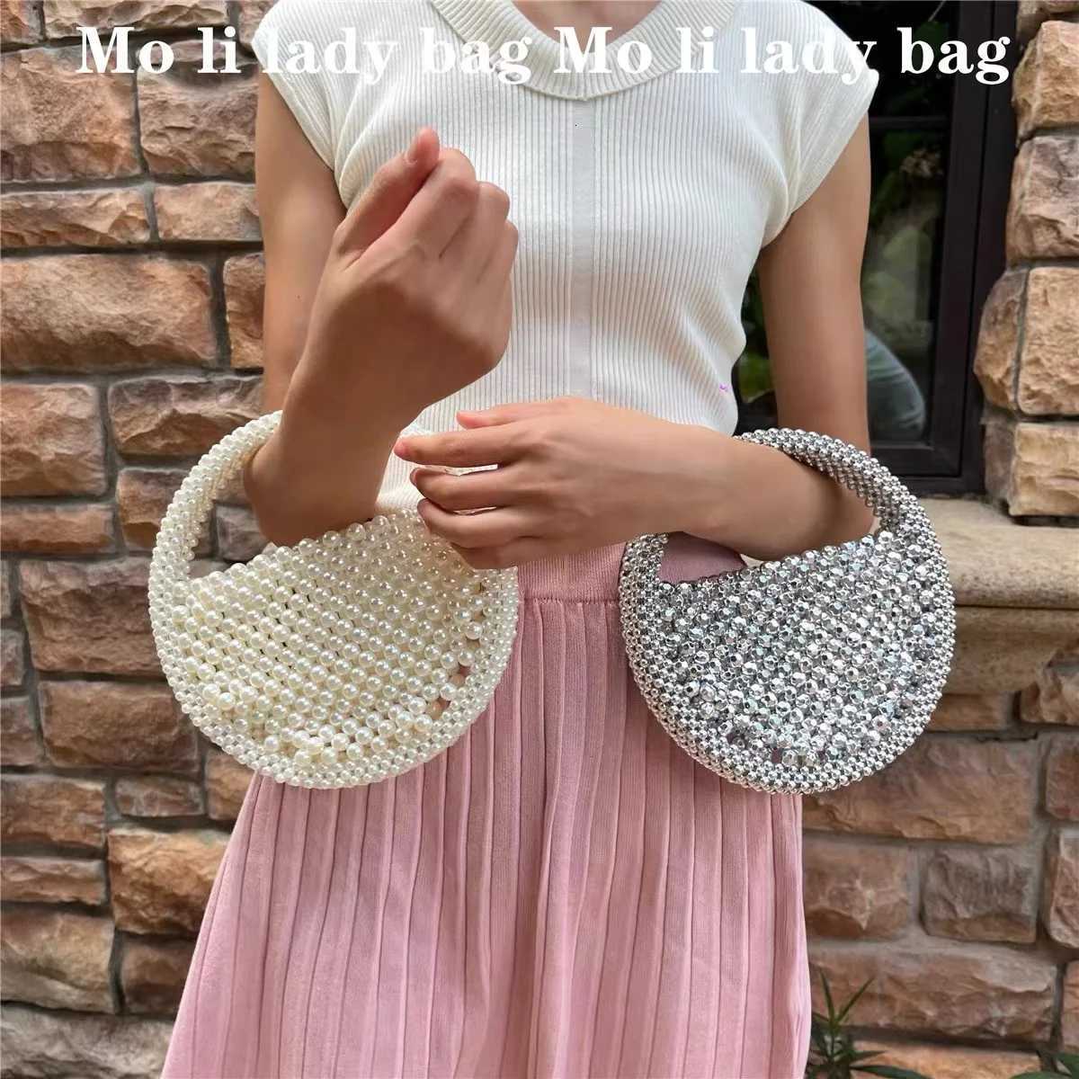 Shiny Beads Beading Woven Handmade Circular Bag Women Fashion Handbag Hollow Out Casual Bag Female Shoulder Bag Mobile Phone Bag K251121
