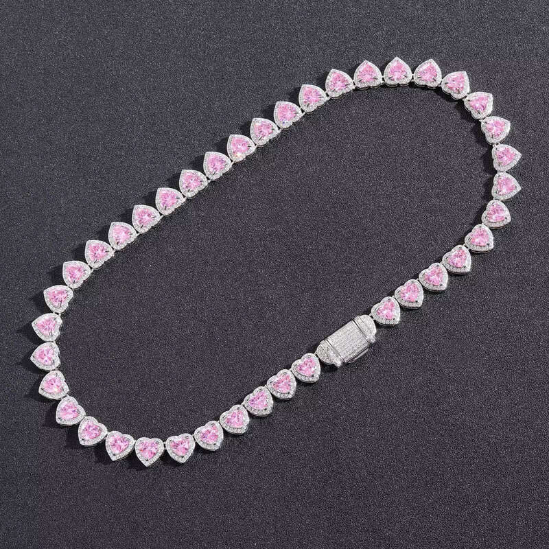 High Quality 10mm Ice Powder Heart Tennis Chain Necklace Boutique Jewelry Shiny Pink moissanite Hip Hop Style
