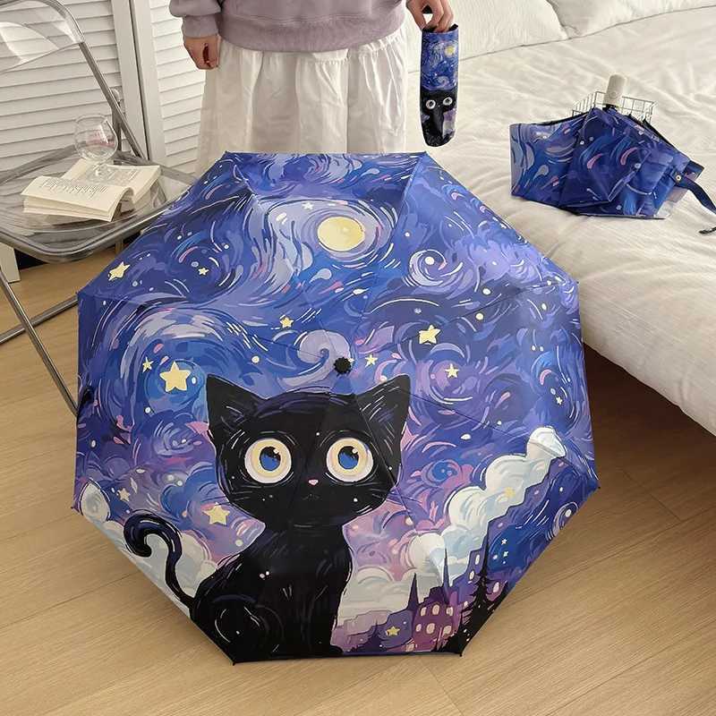 Blue green purple and pink cat cartoon folding umbrellas fully automatic umbrellas dual-purpose sunshades and portable umbrellasM251122