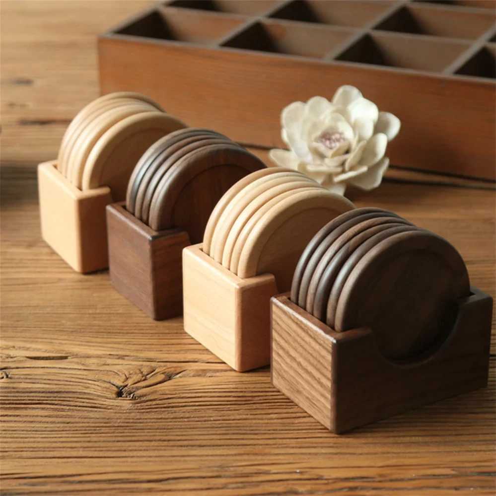 6pcs/set Walnut Wood Coasters Placemats Decorative Round Insulated Japanese Beverage Coasters Home Decor C251122