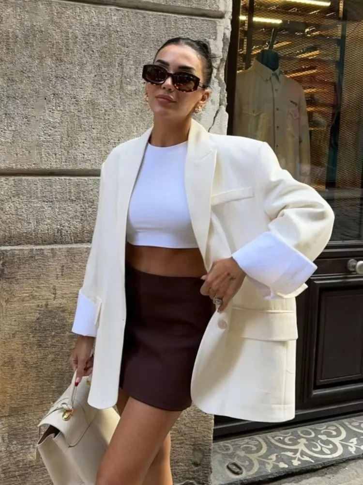 Elegant Blazer Coat For Women Fashion Pockets Lapel Oversized Suit Jackets 2025 Autumn Office Lady Casual Loose Outerwear 250421