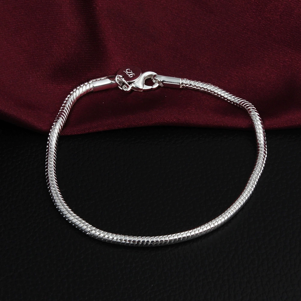 Exquisite 925 Silver Plate 3MM Solid Snake Bone Chain Bracelet with Round Disc Charms Perfect for Adding Beads