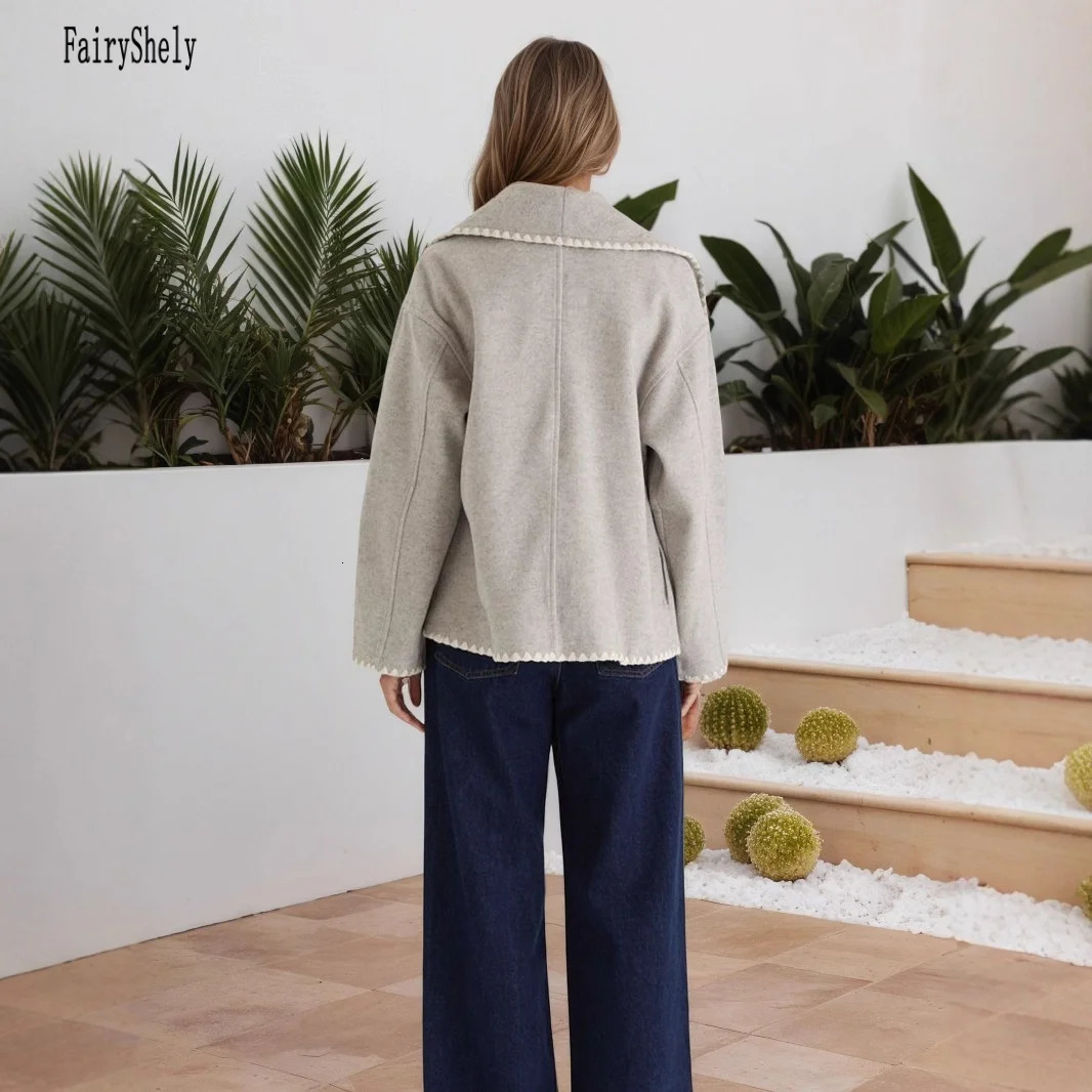 2025 Autumn Winter Gray Plush Cropped Jacket Women Casual Warm Turn down Collar Short Coat Lady Solid Thick Button Cardigan 251112