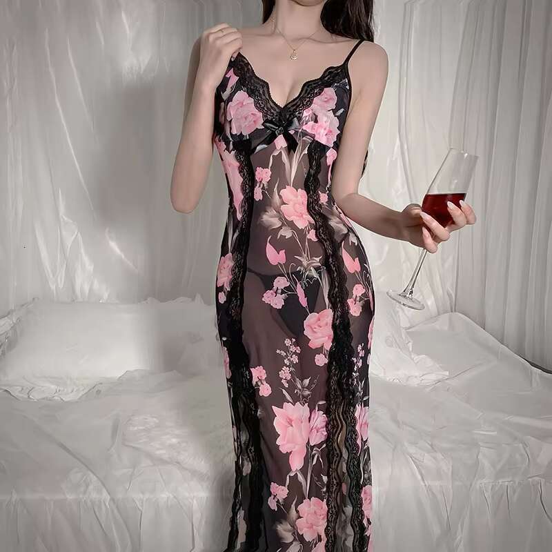 DHessentials Women's new design sexy gerie Sheer deep v lace sleepwear side seam underskirt long stay home gown nightgown