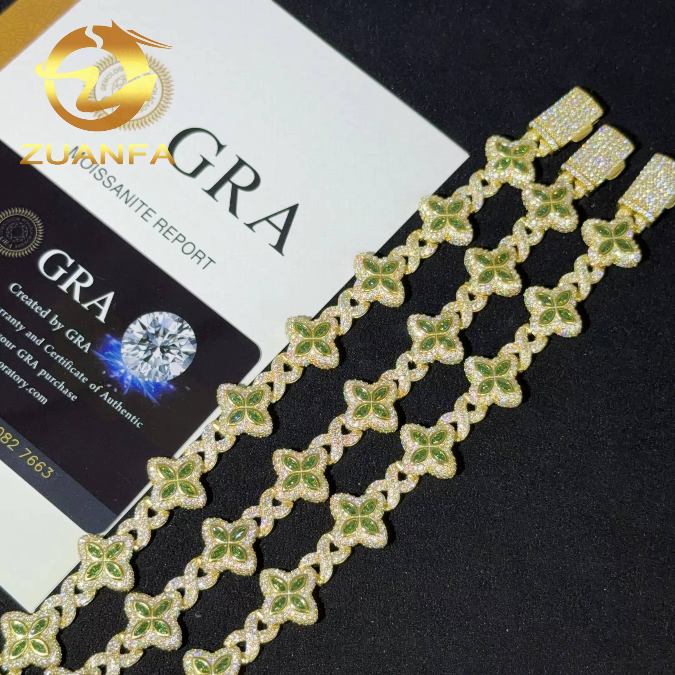 Emerald Green Moissanite 15mm Marquise Flower Hip Hop Jewelry Iced Out Bracelet 925 Silver Moissanite Diamond Bracelet