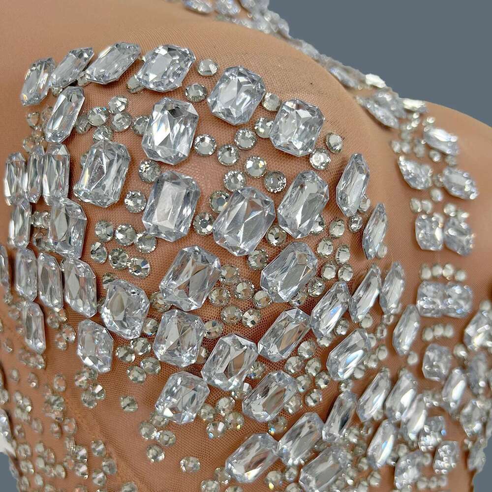 Women Sexy Transparent Playsuit Sparkly Crystals Rhinestones Mesh Strechy Jumpsuit Dance Costume Performance Stage Outfit Dunpai