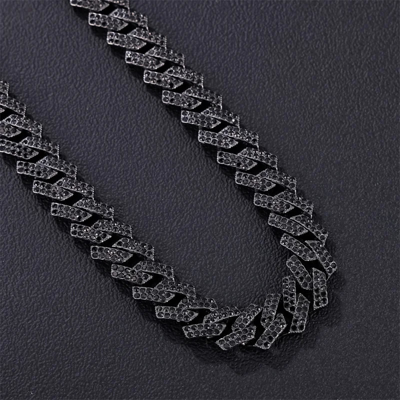D Z Hip Hop Black Color 15MM Cuban Link Chain 2 Row Black Iced Out Rhinestones Rapper Necklaces For Men Women Choker Jewelry 250420