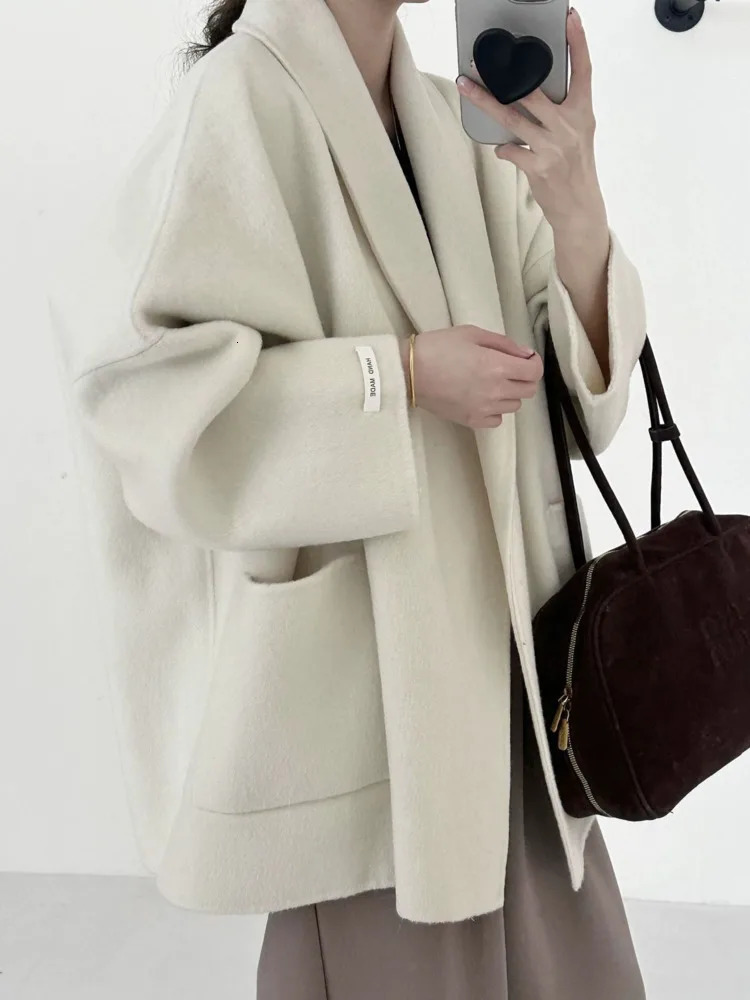 ZMEENNA Womens Woolen Blend Short Coat Oversized Lapel Pockets Long Sleeve Warm Winter Outerwear Casual Cardigan ZM4160 251112