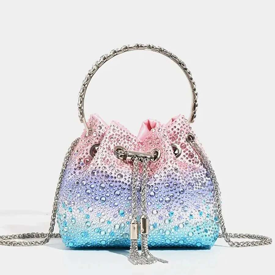 New Tassel Women S Shoulder Metal Ring Dia Bucket Bag Shiny Drawstring Handbag Tote Chain Crossbody Bags Evening Clutch Bag