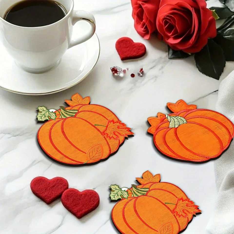 4/6pcs 2D 4in Pumpkin Shaped Wooden Coasters Colorful Print Anti-Slip Coffee Mats Kitchen Dining Room Decorative Accessories C251122