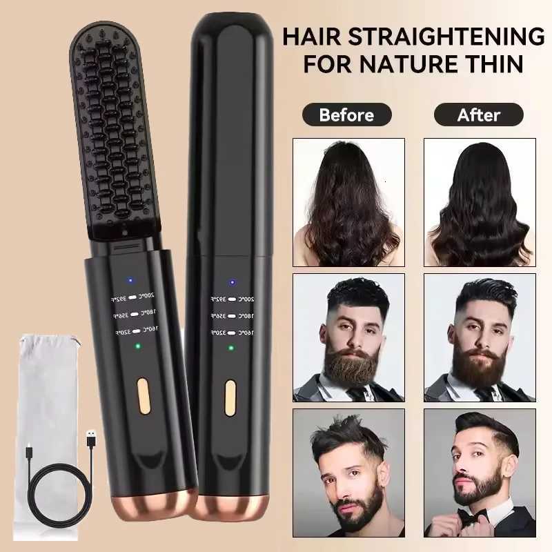 Portable Hair Straightener Brush Cordless Beard Straightener for Men Women Mini Electric Hair Brushes for Home Travel Hot CombT251122